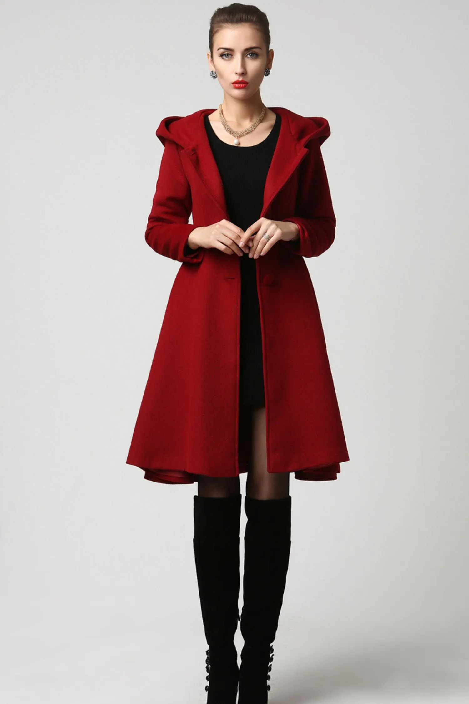 Handmade Flared Red Wool Coat with Hood – Sophisticated and Versatil 1117