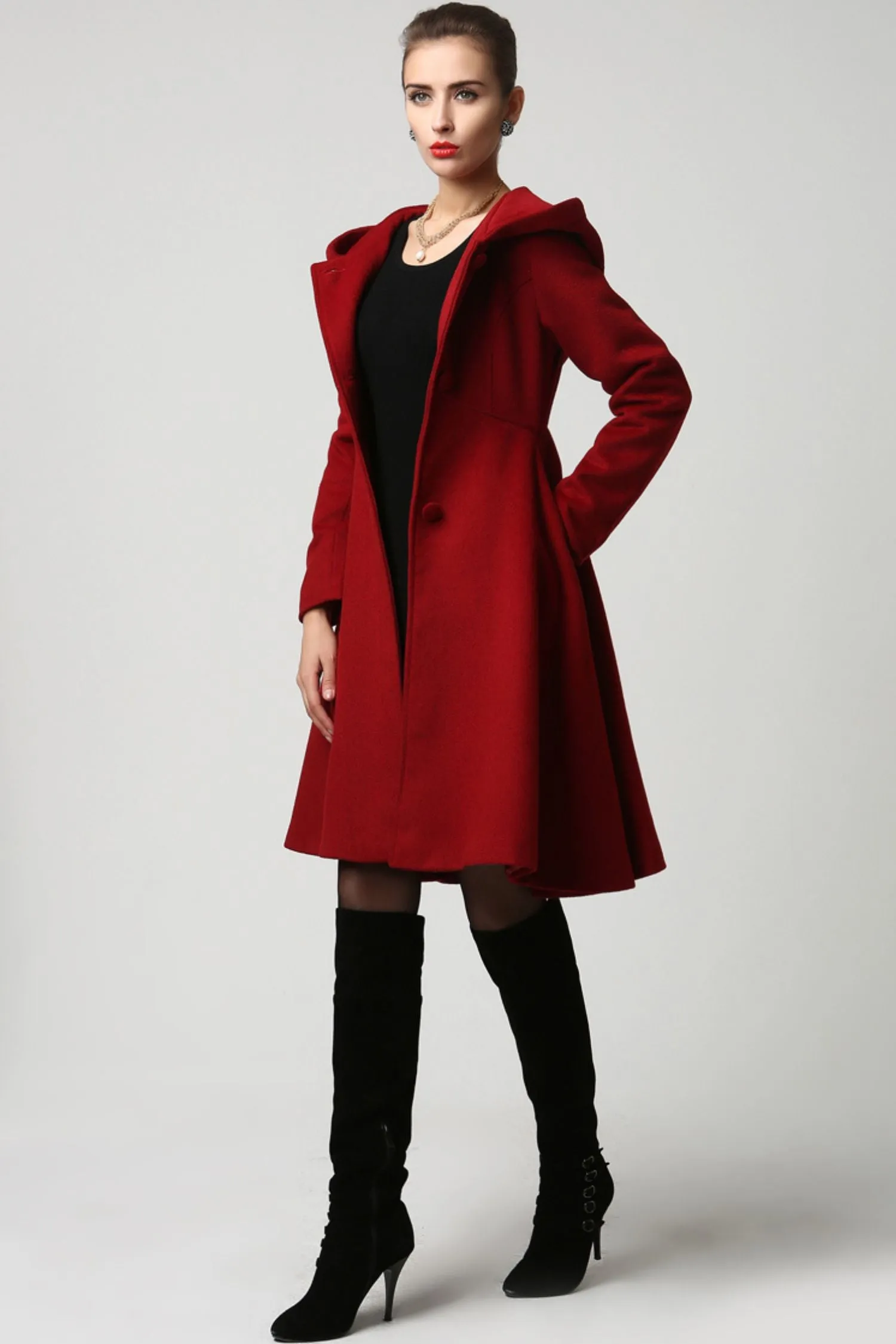 Handmade Flared Red Wool Coat with Hood – Sophisticated and Versatil 1117