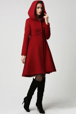 Handmade Flared Red Wool Coat with Hood – Sophisticated and Versatil 1117