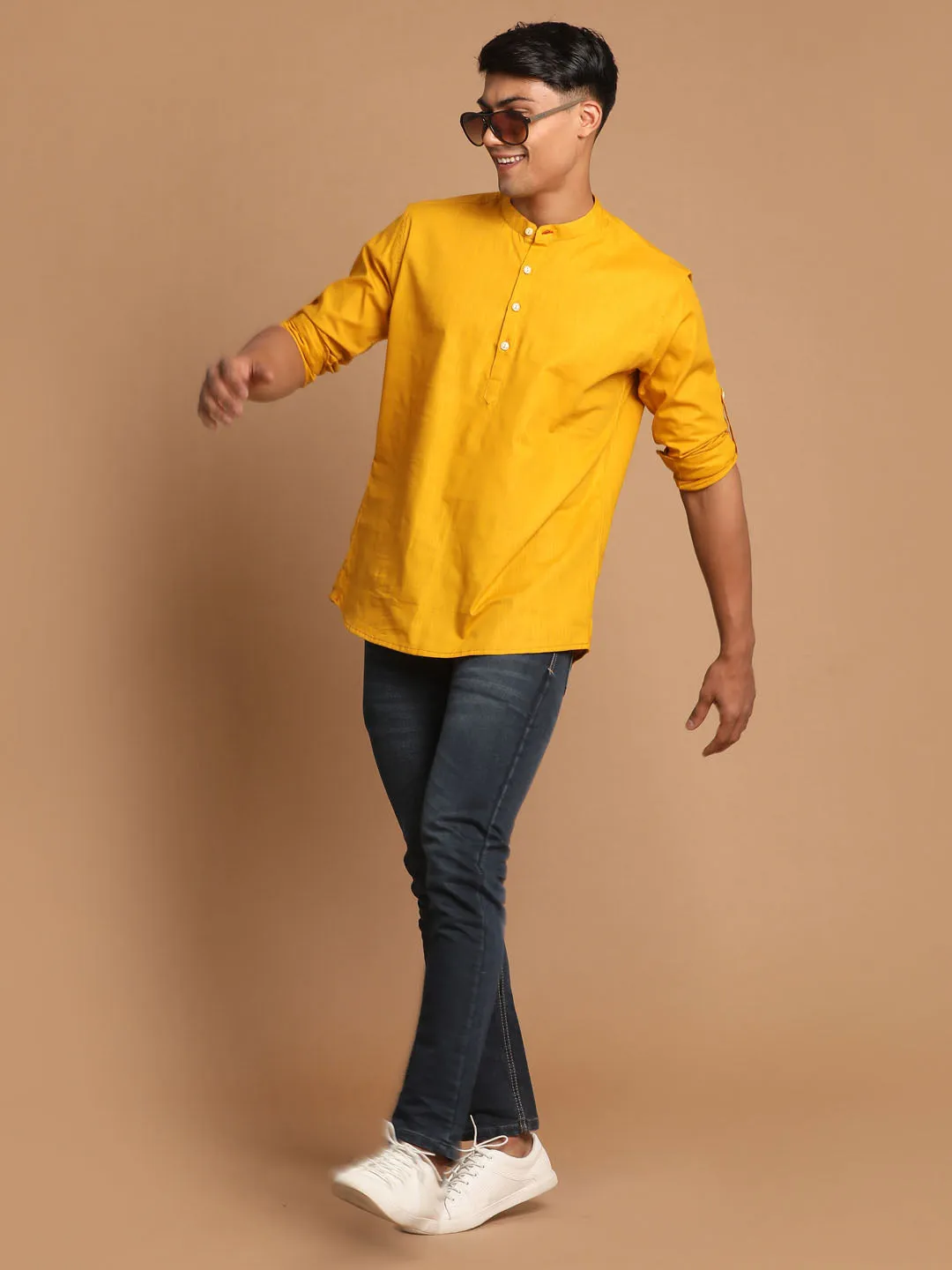 Jashvi Men's Mustard Short Cotton Kurta