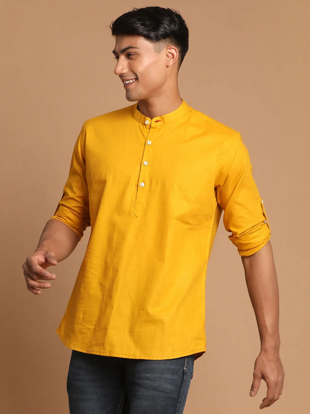 Jashvi Men's Mustard Short Cotton Kurta