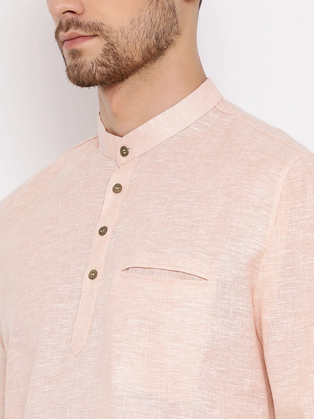 Jashvi Men's Peach Cotton Blend Short Kurta