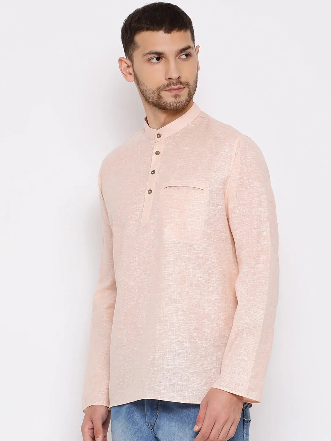 Jashvi Men's Peach Cotton Blend Short Kurta