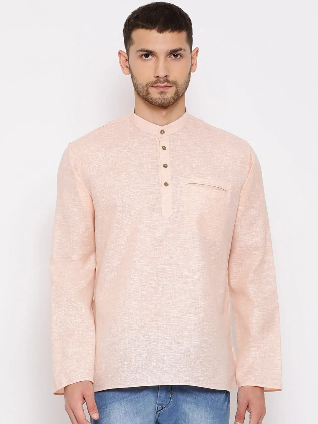 Jashvi Men's Peach Cotton Blend Short Kurta