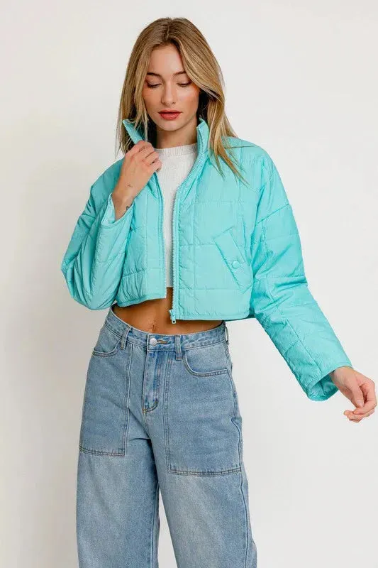 Lightweight Aqua Puff Zip Up Cropped Jacket