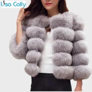 Lisa Colly New High Imitation Long Sleeves Short Fox Fur Coat Jacket Warm Winter Coat Outwear Faux Fur Coat Overcoat Furs Coat