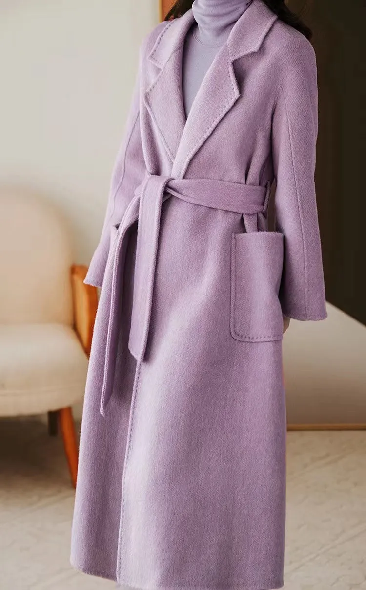 Luxy Lavender Silk Wool Blended Trench Overcoat Woolen Coat Winter