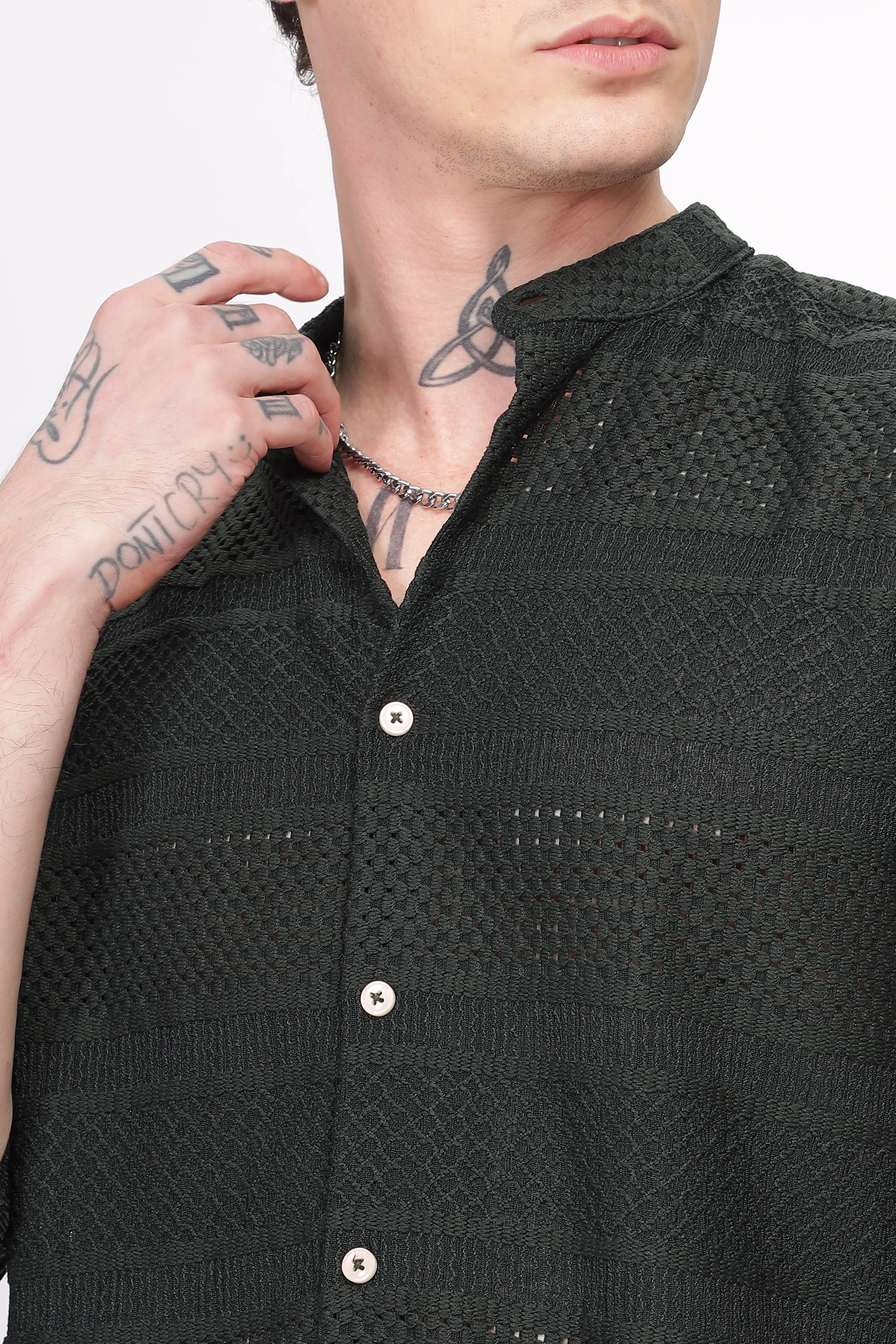 Mandarin Collar Bottle-Green Shirt