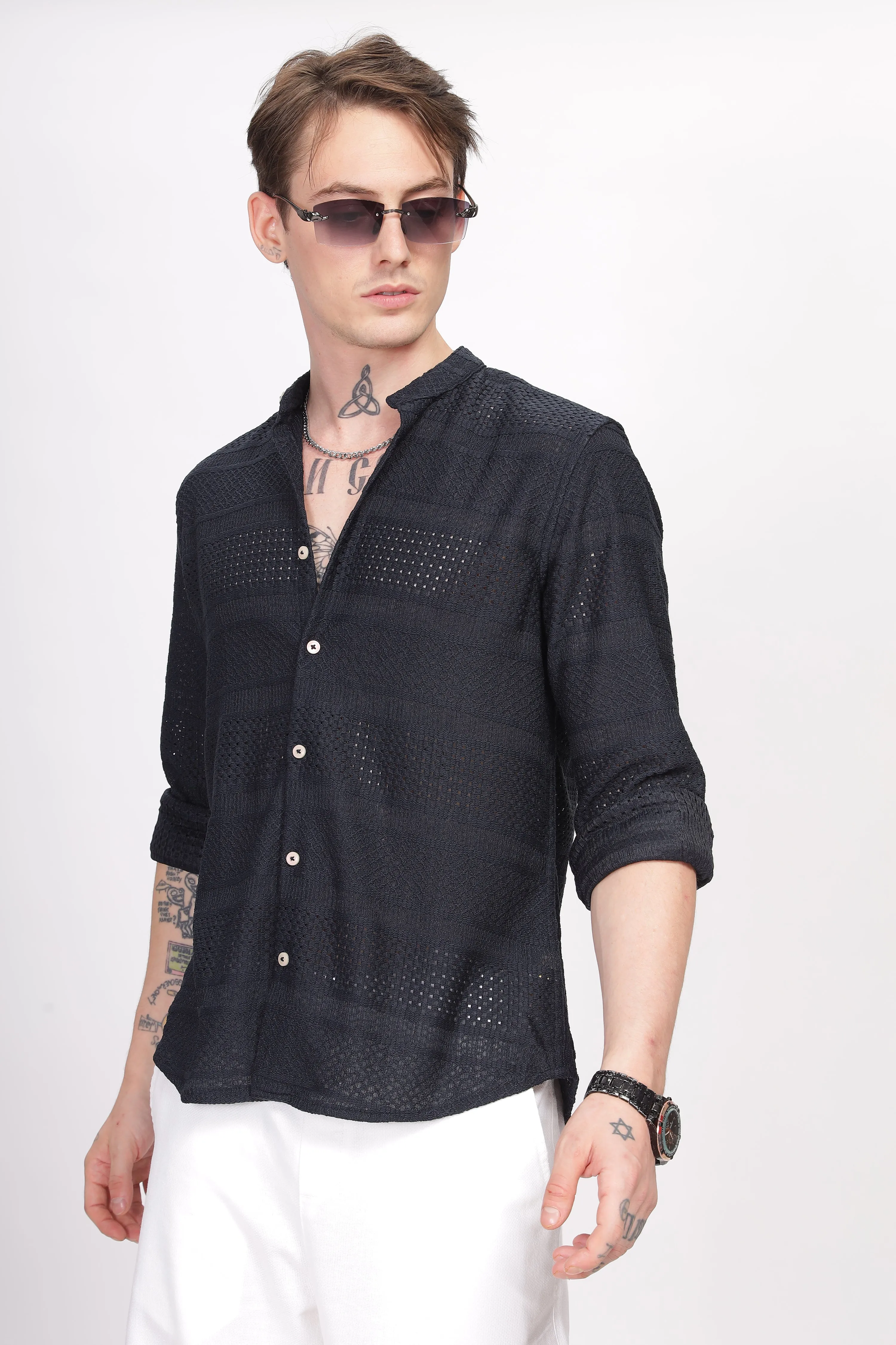 Mandarin Collar Navy Blue Shirt