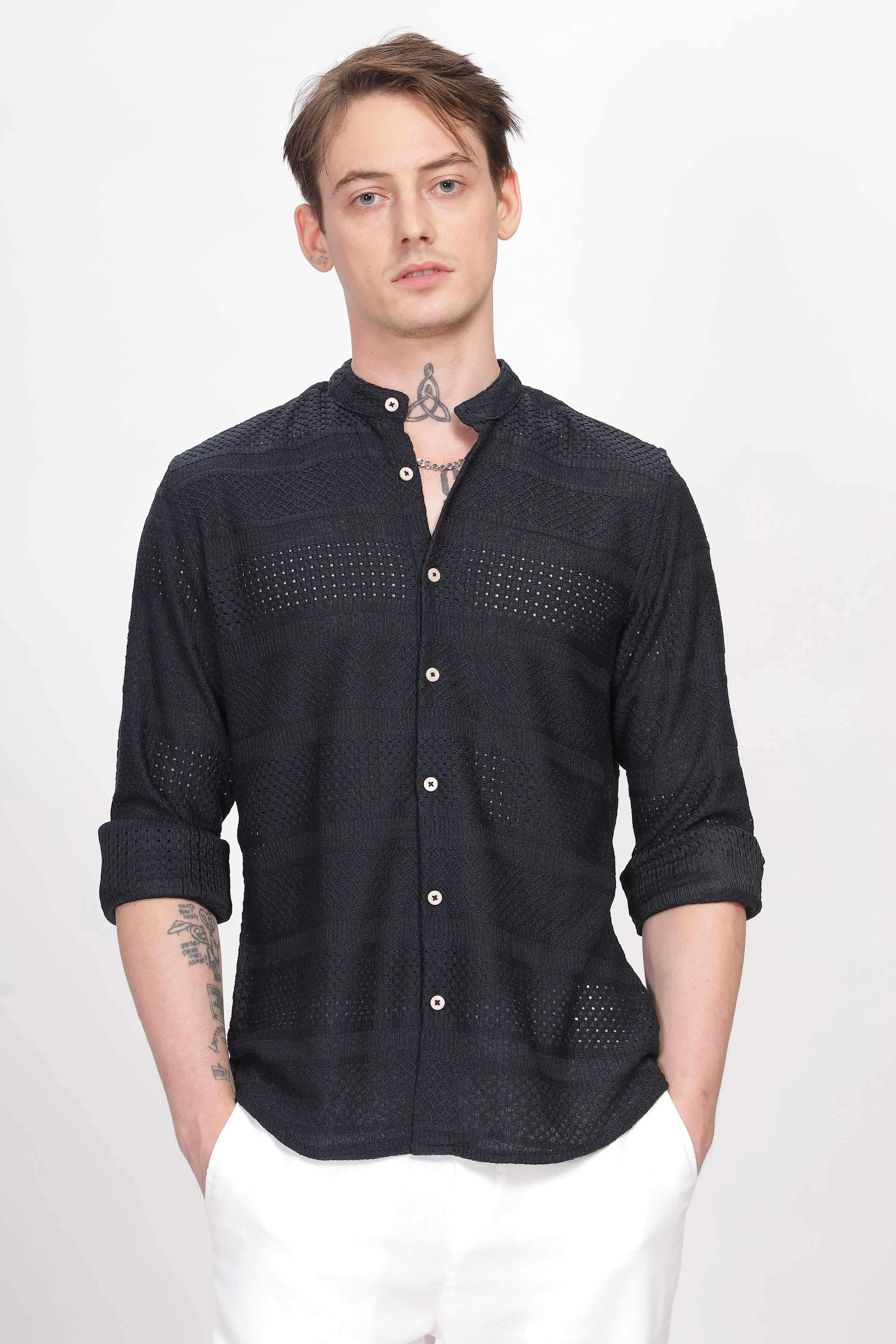 Mandarin Collar Navy Blue Shirt