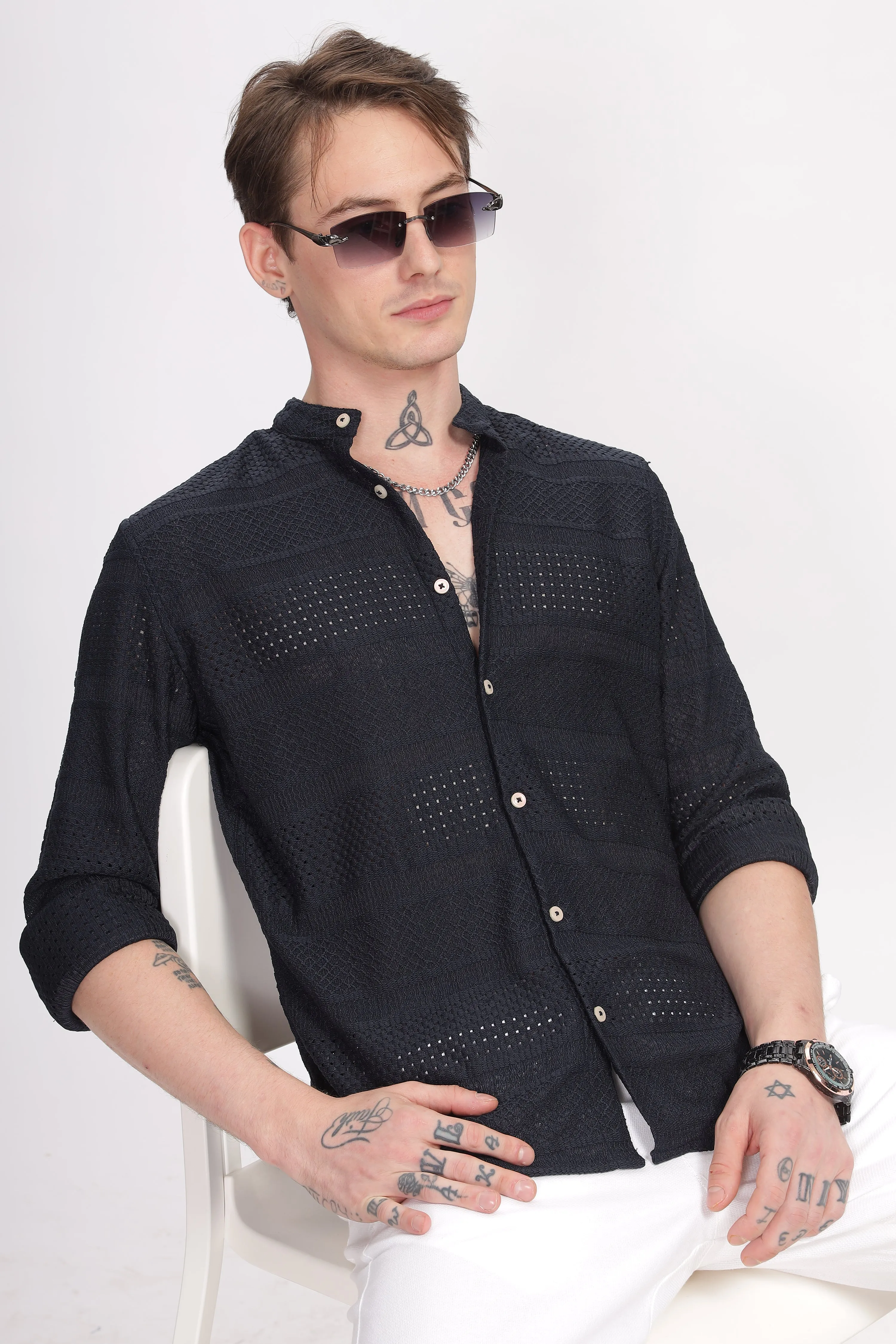 Mandarin Collar Navy Blue Shirt