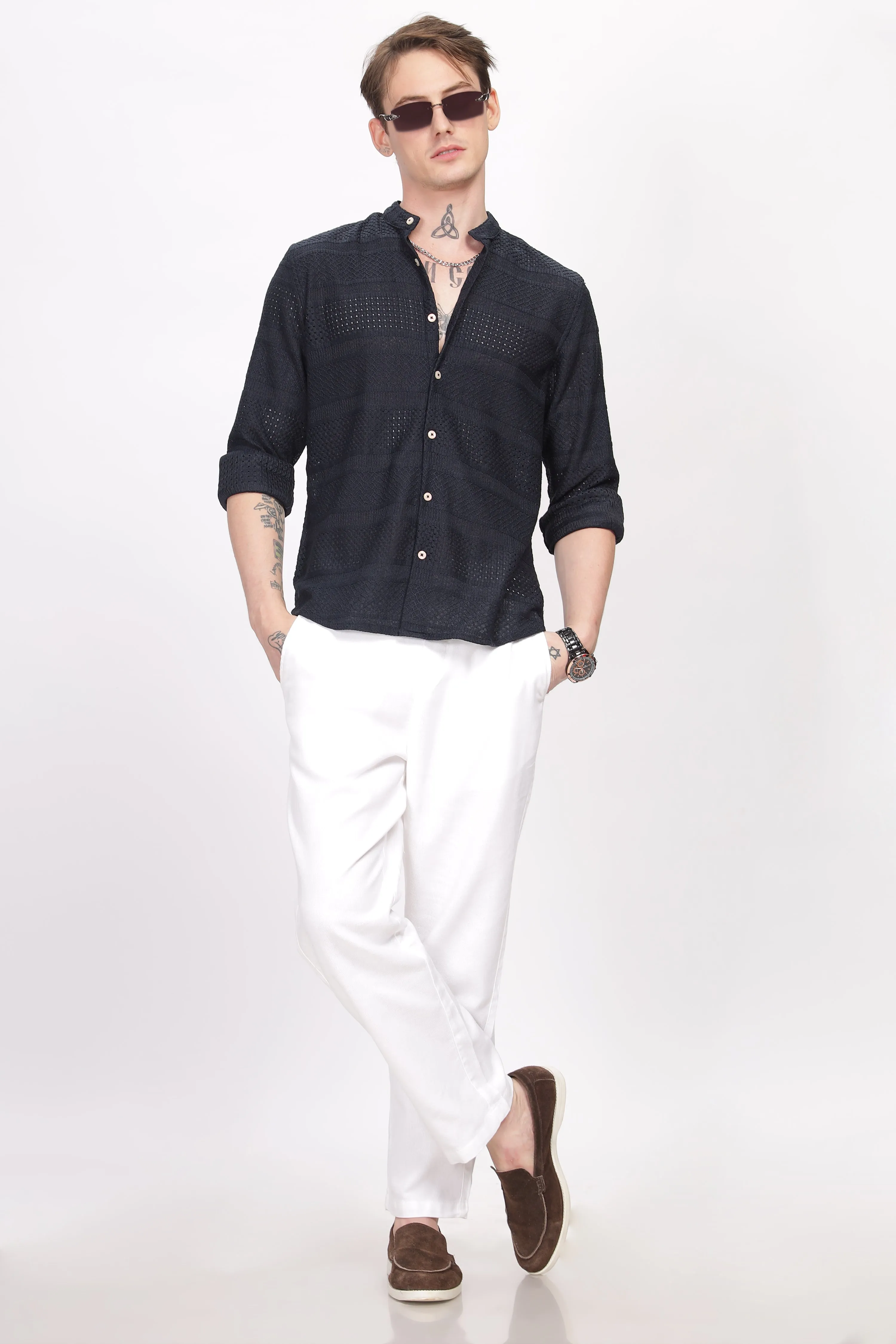 Mandarin Collar Navy Blue Shirt