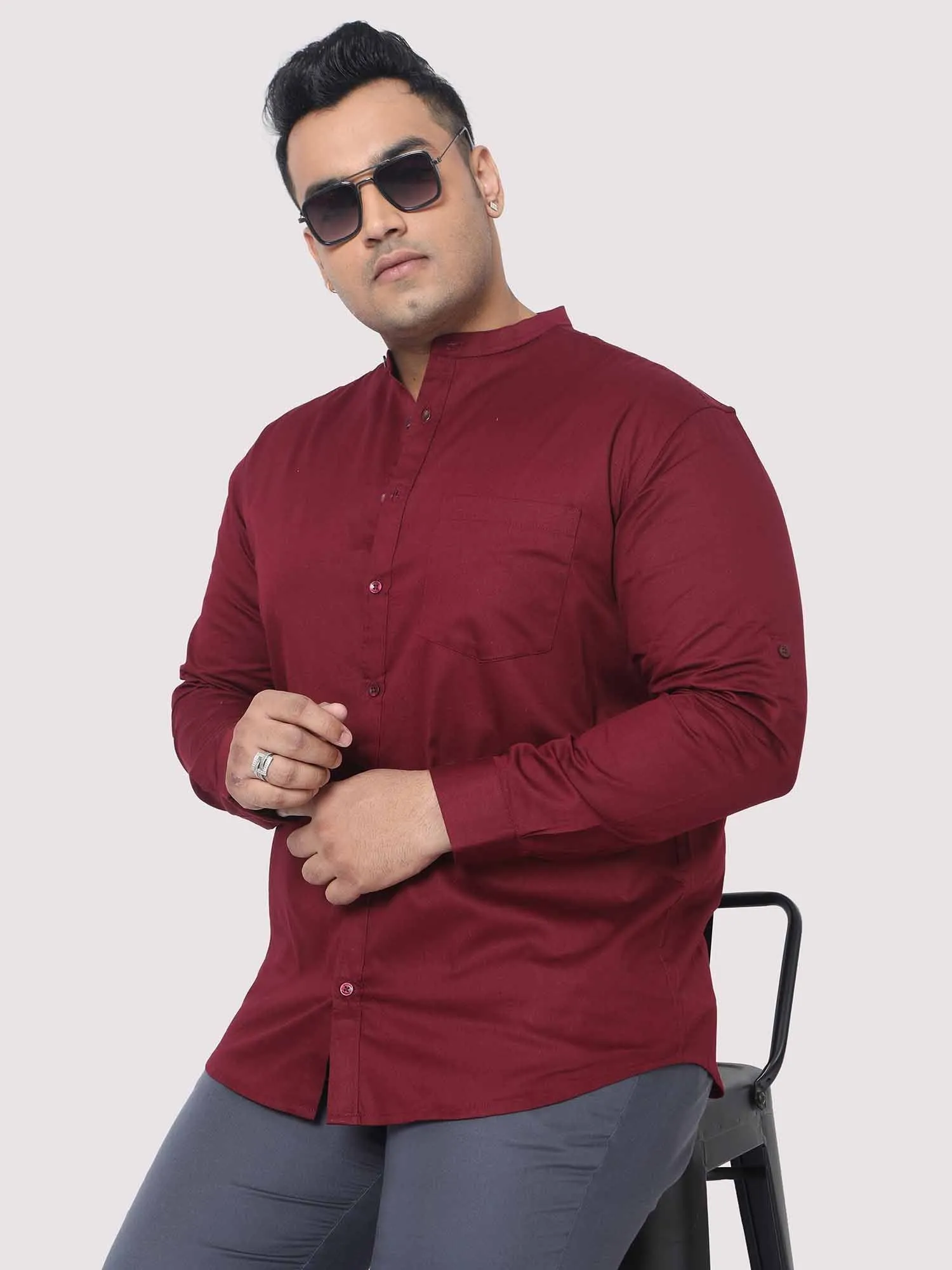 Maroon Mandarin Collar Men's Plus Size Cotton Full Shirt