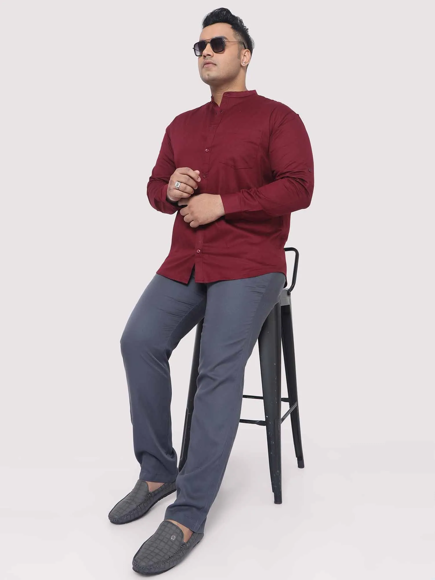 Maroon Mandarin Collar Men's Plus Size Cotton Full Shirt