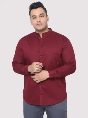 Maroon Mandarin Collar Men's Plus Size Cotton Full Shirt