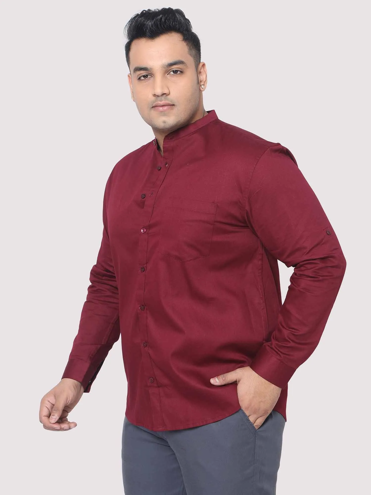 Maroon Mandarin Collar Men's Plus Size Cotton Full Shirt