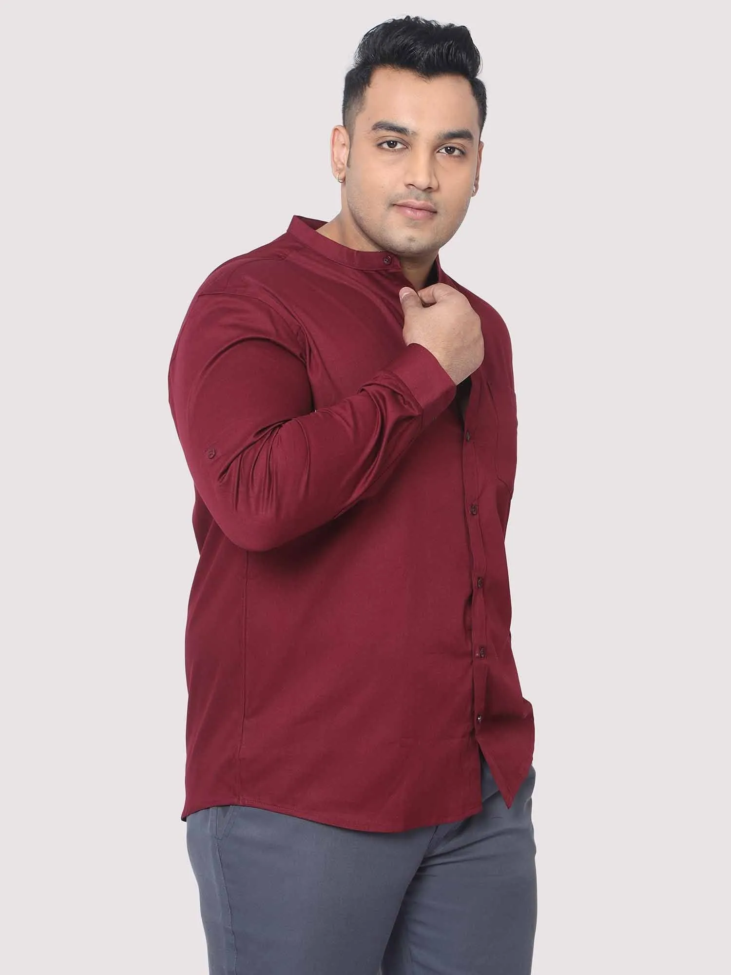 Maroon Mandarin Collar Men's Plus Size Cotton Full Shirt