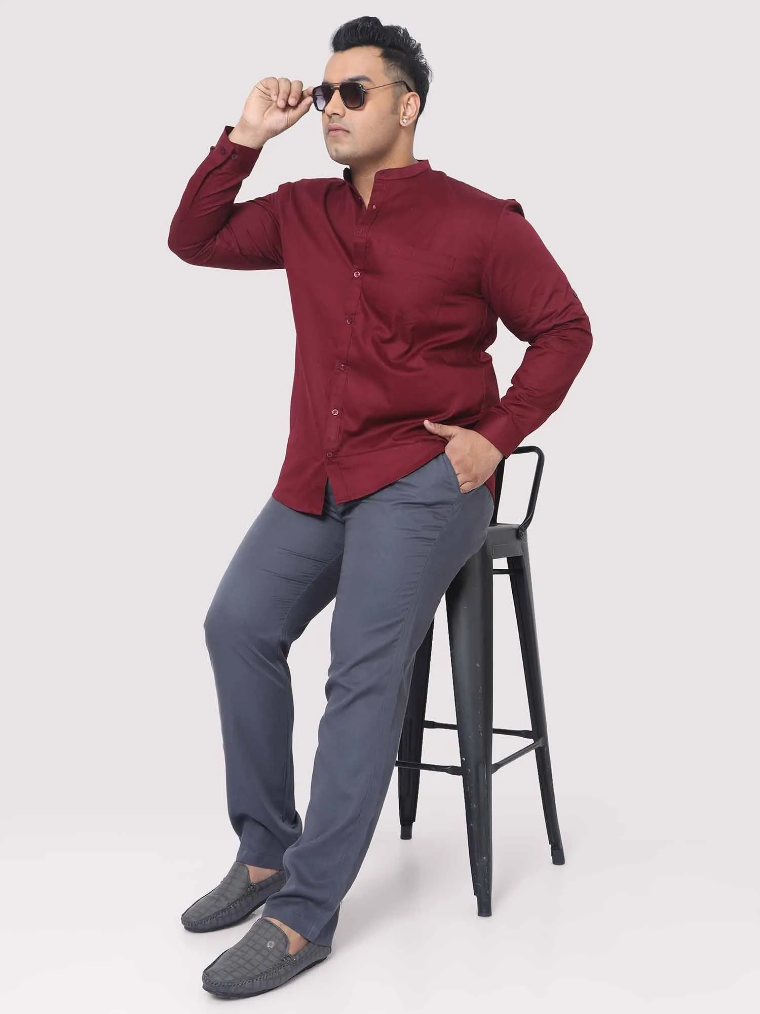 Maroon Mandarin Collar Men's Plus Size Cotton Full Shirt