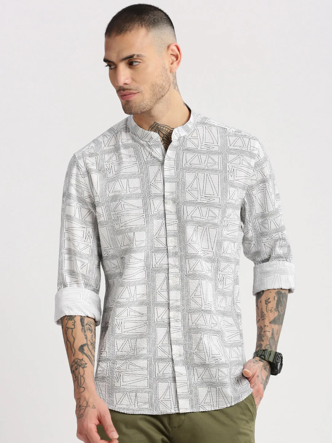 Men Mandarin Collar Geometric White Casual Shirt