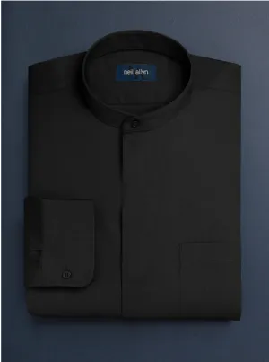 Mens Cotton French Front Mandarin Shirt in Black