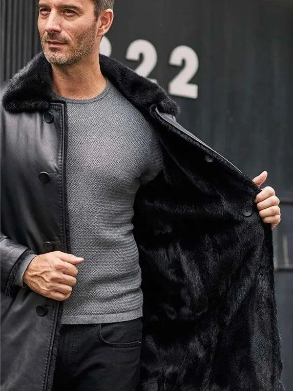 Men's Mink Fur Coat Long Fur Outwear Black Leather Overcoat