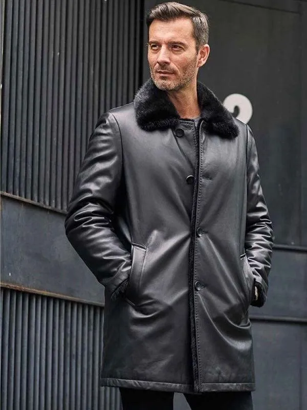 Men's Mink Fur Coat Long Fur Outwear Black Leather Overcoat