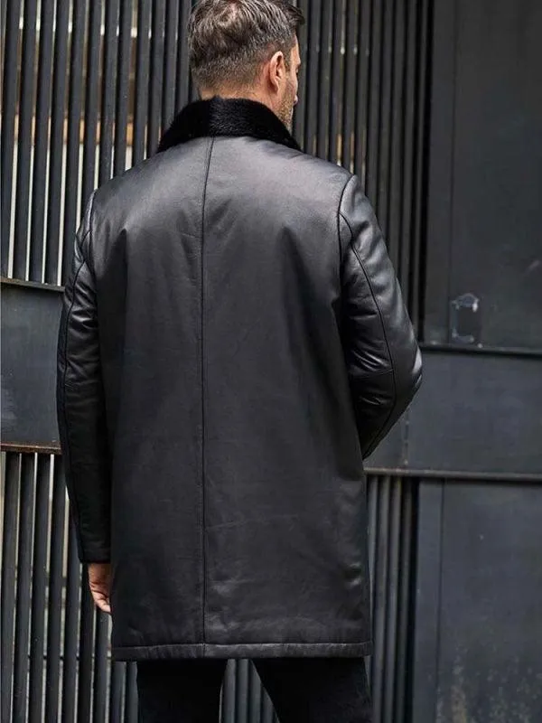 Men's Mink Fur Coat Long Fur Outwear Black Leather Overcoat