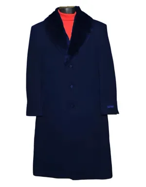 Mens Overcoat - Topcoat For Men - Winter Fabric - Men's 3 Button Fur Collar Black Wool Ankle length Dark Blue Overcoat