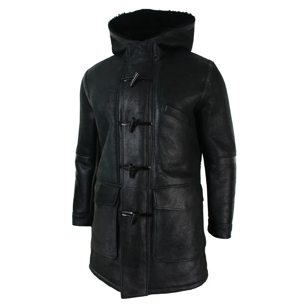 Men's Shearling Sheepskin 3/4 Hood Duffle Jacket Black Fur Warm Winter