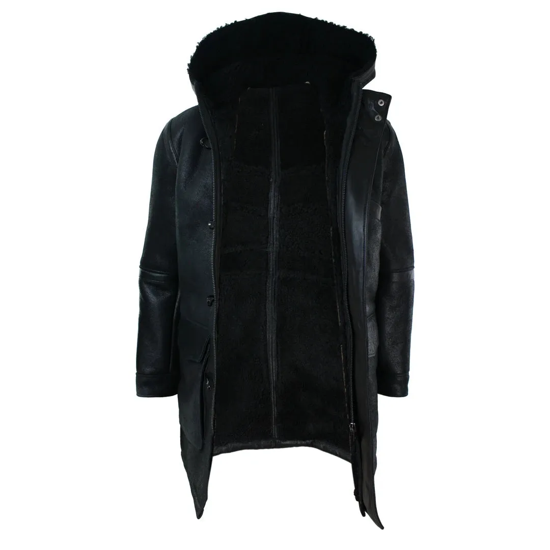 Men's Shearling Sheepskin 3/4 Hood Duffle Jacket Black Fur Warm Winter