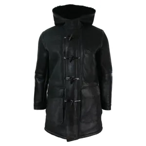 Men's Shearling Sheepskin 3/4 Hood Duffle Jacket Black Fur Warm Winter