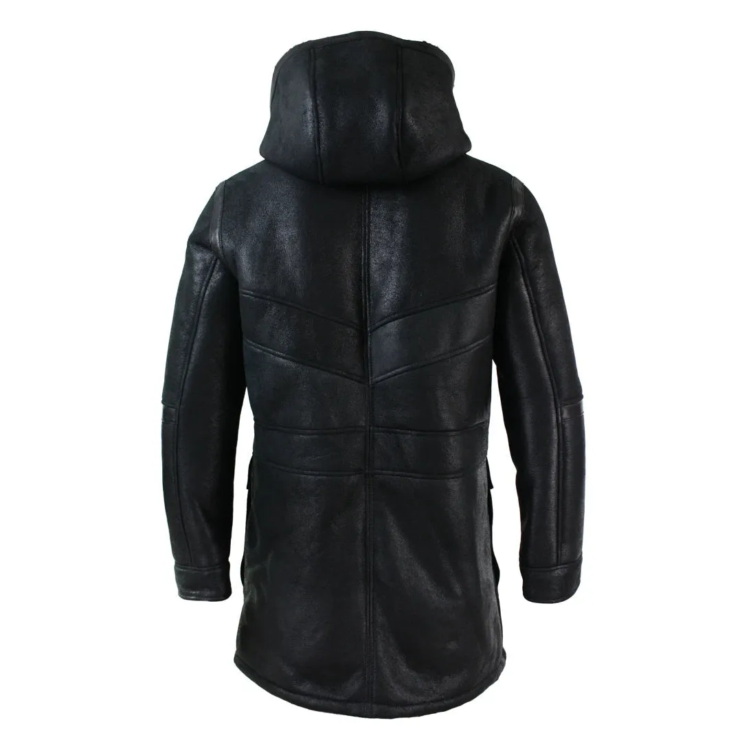 Men's Shearling Sheepskin 3/4 Hood Duffle Jacket Black Fur Warm Winter