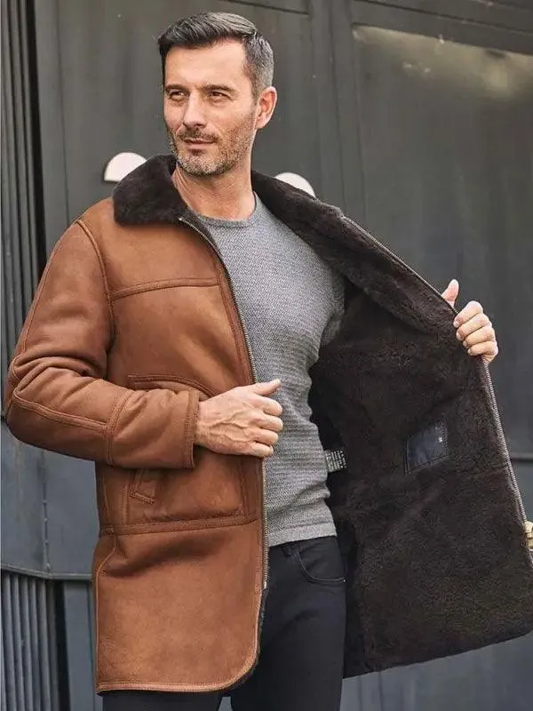 Men's Sheepskin Leather Jacket Winter Outwear Natural Hooded Fur Overcoat