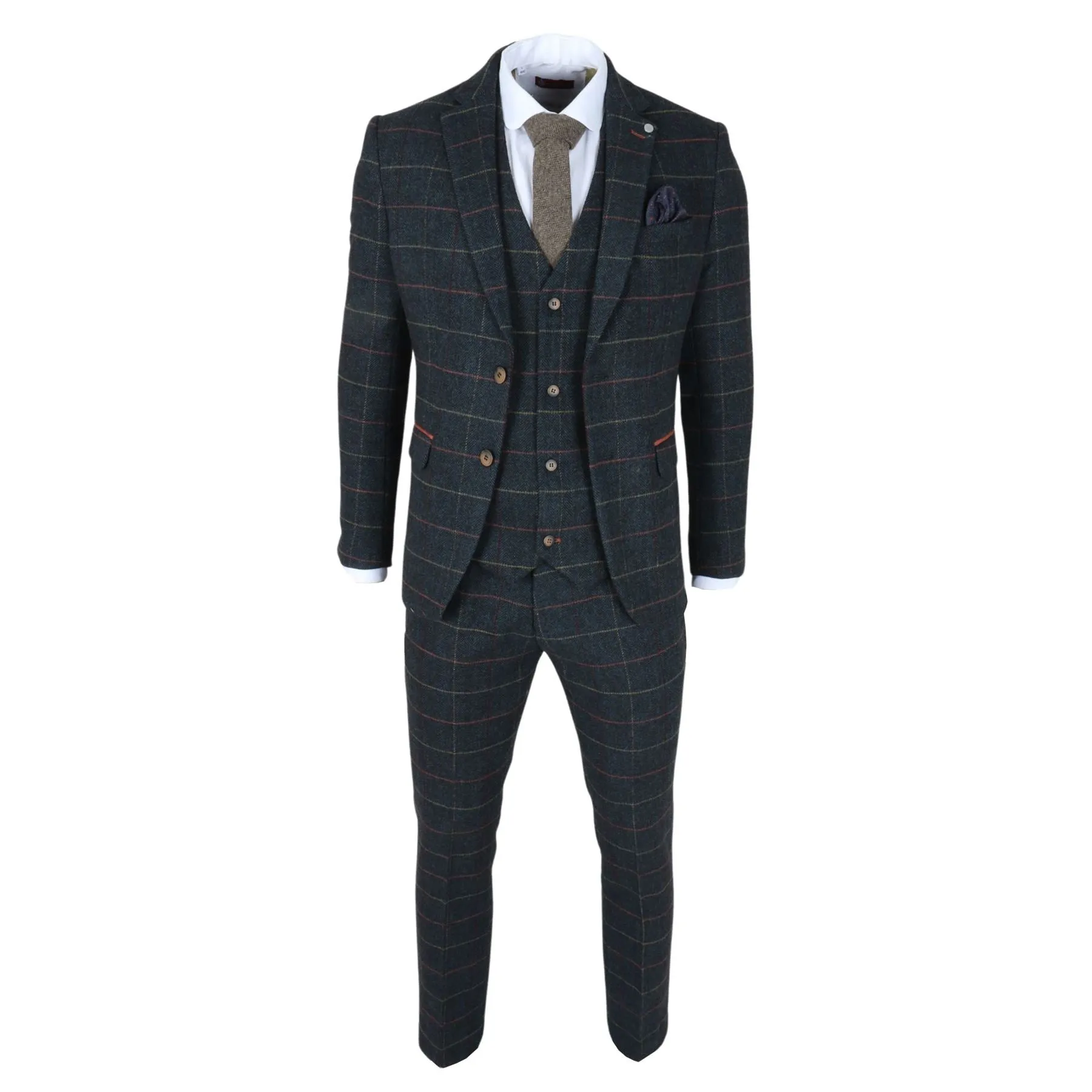 Men's Suit 3 Piece Navy Blue Checked Herringbone Tweed Tailored Fit Formal Dress