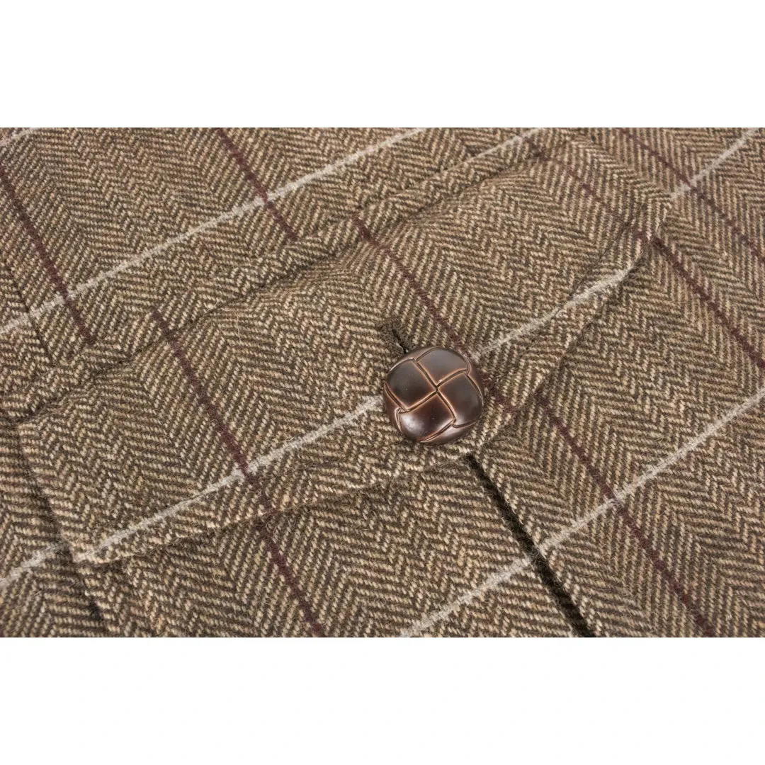 Men's Wool Tweed Jacket Check Hunting Herringbone Blazer Oak Elbow Patch