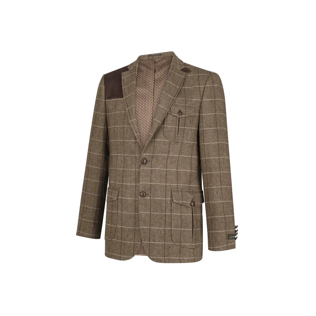 Men's Wool Tweed Jacket Check Hunting Herringbone Blazer Oak Elbow Patch