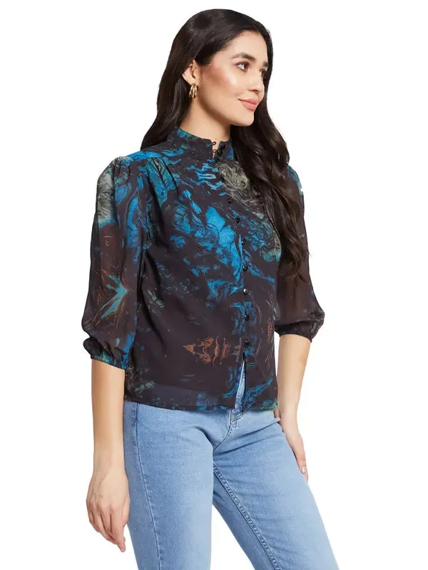 Mettle Print Mandarin Collar Cotton Shirt Style Top