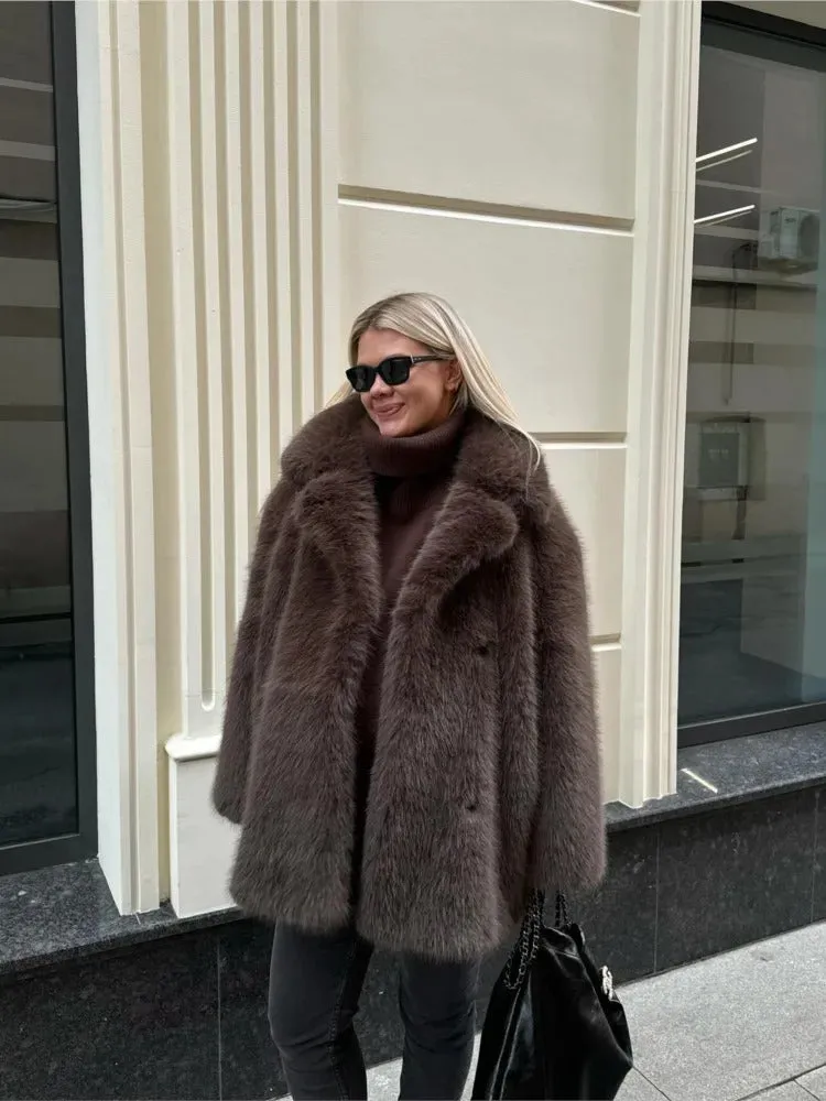 Mid-Length Women's Fur Coat Suit Collar Loose Imitation Fox Fur Plush Coats Warm Soft Thickened Winter Socialite Fur Overcoat