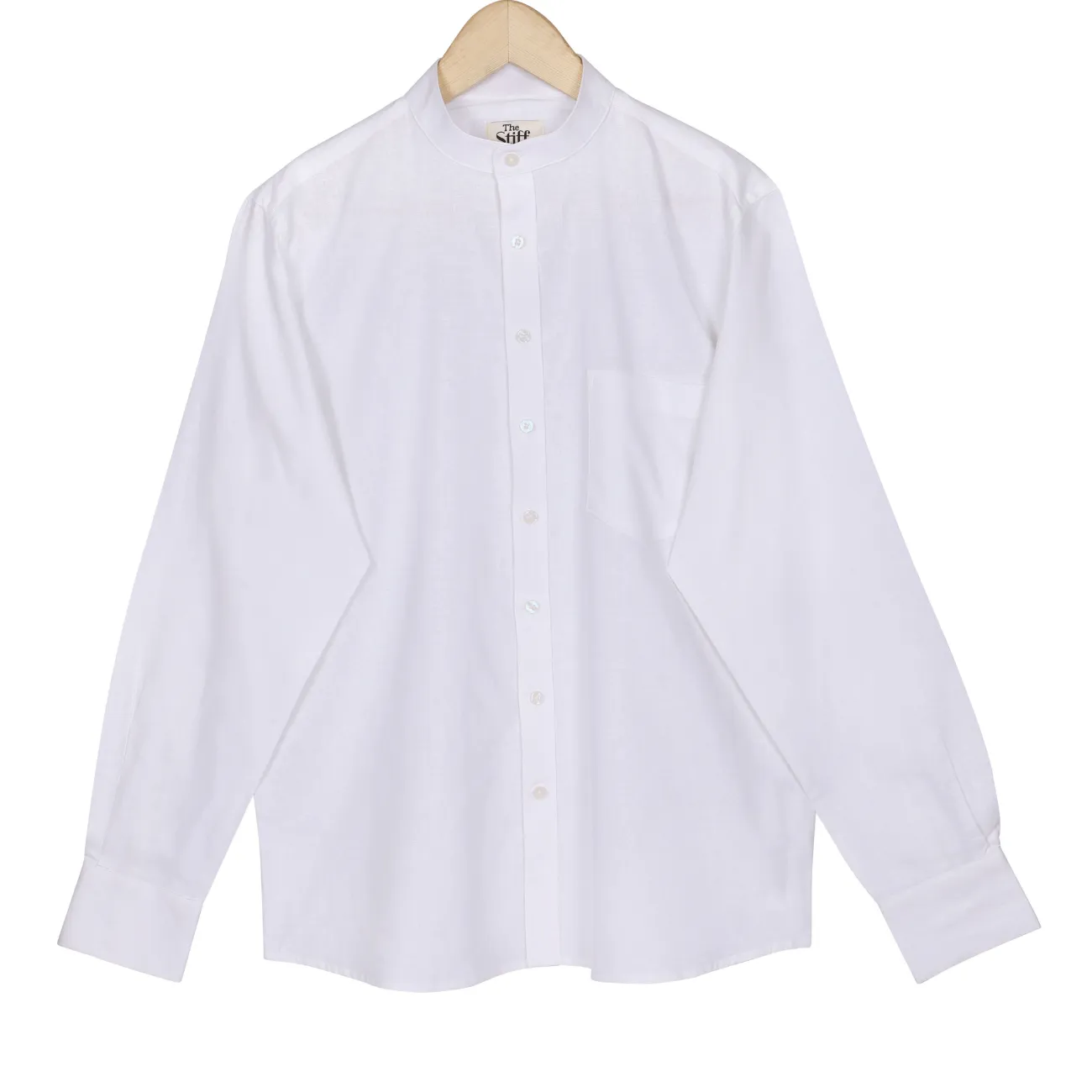 Natural White Cotton Linen Mandarin Collar Shirt