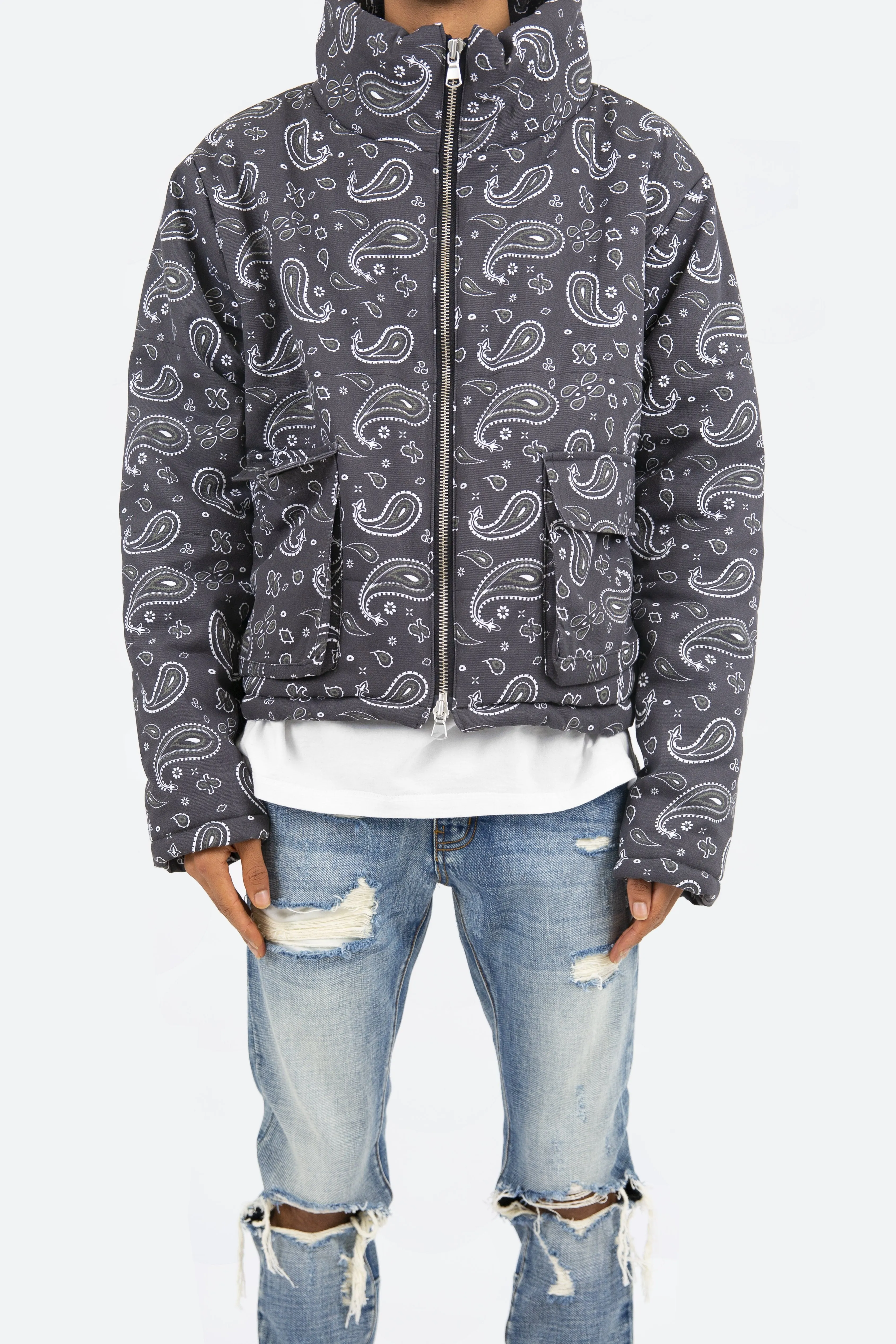 Paisley Cropped Puffer - Black