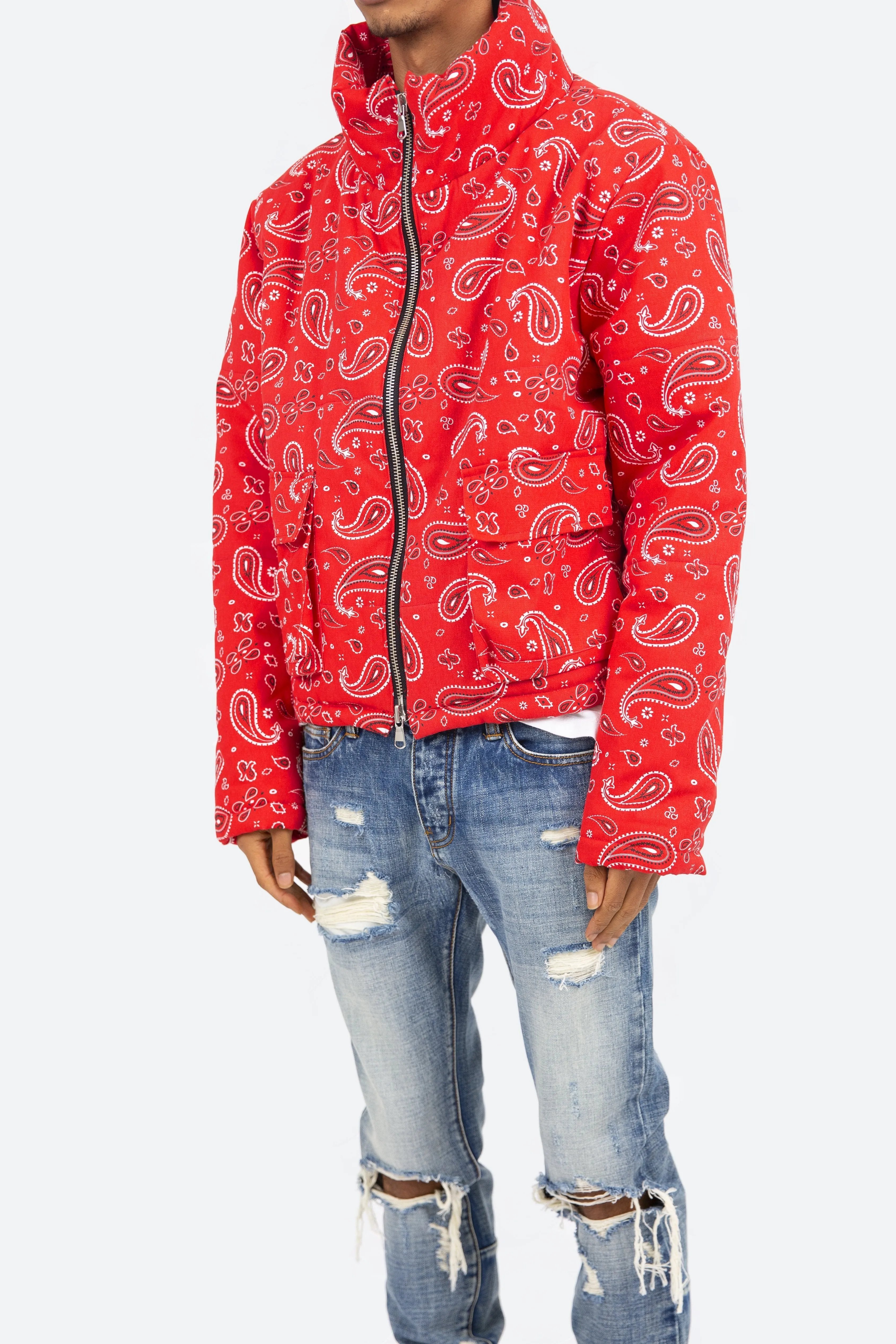 Paisley Cropped Puffer - Red