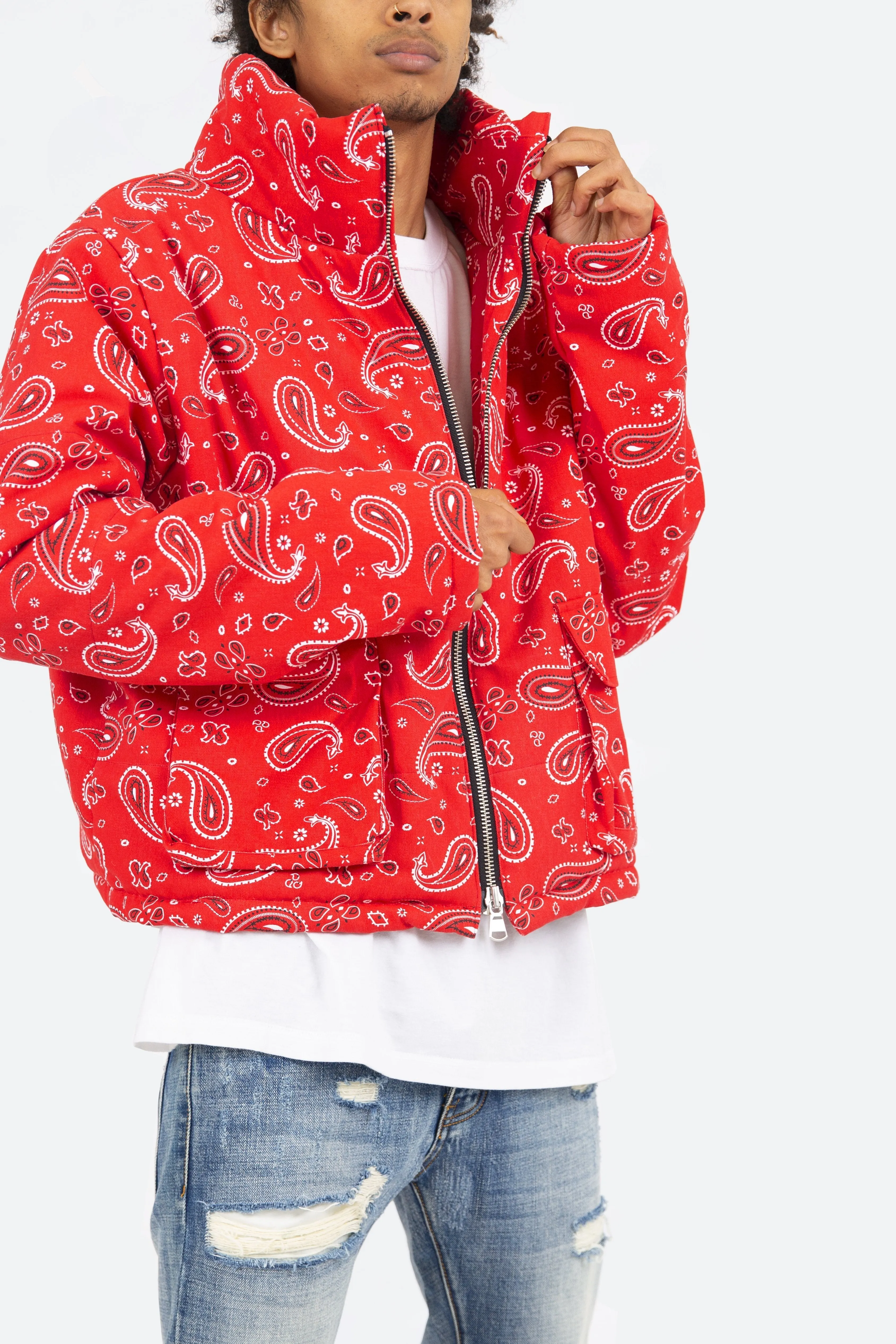 Paisley Cropped Puffer - Red