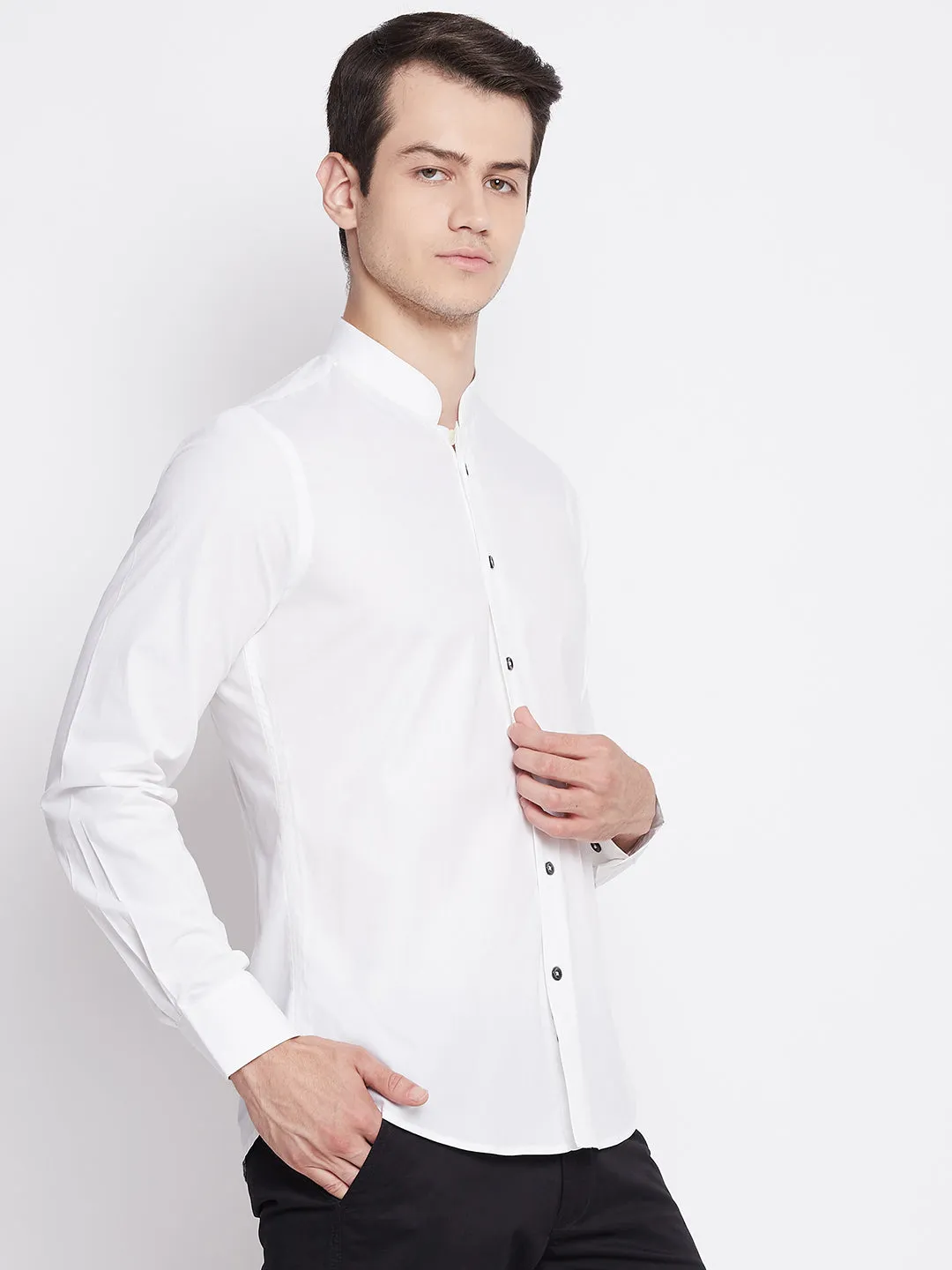 Pearl White Satin Cotton Shirt with Mandarin Collar