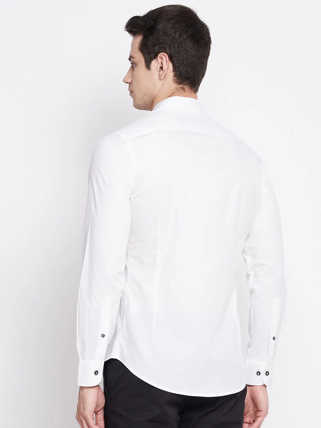 Pearl White Satin Cotton Shirt with Mandarin Collar