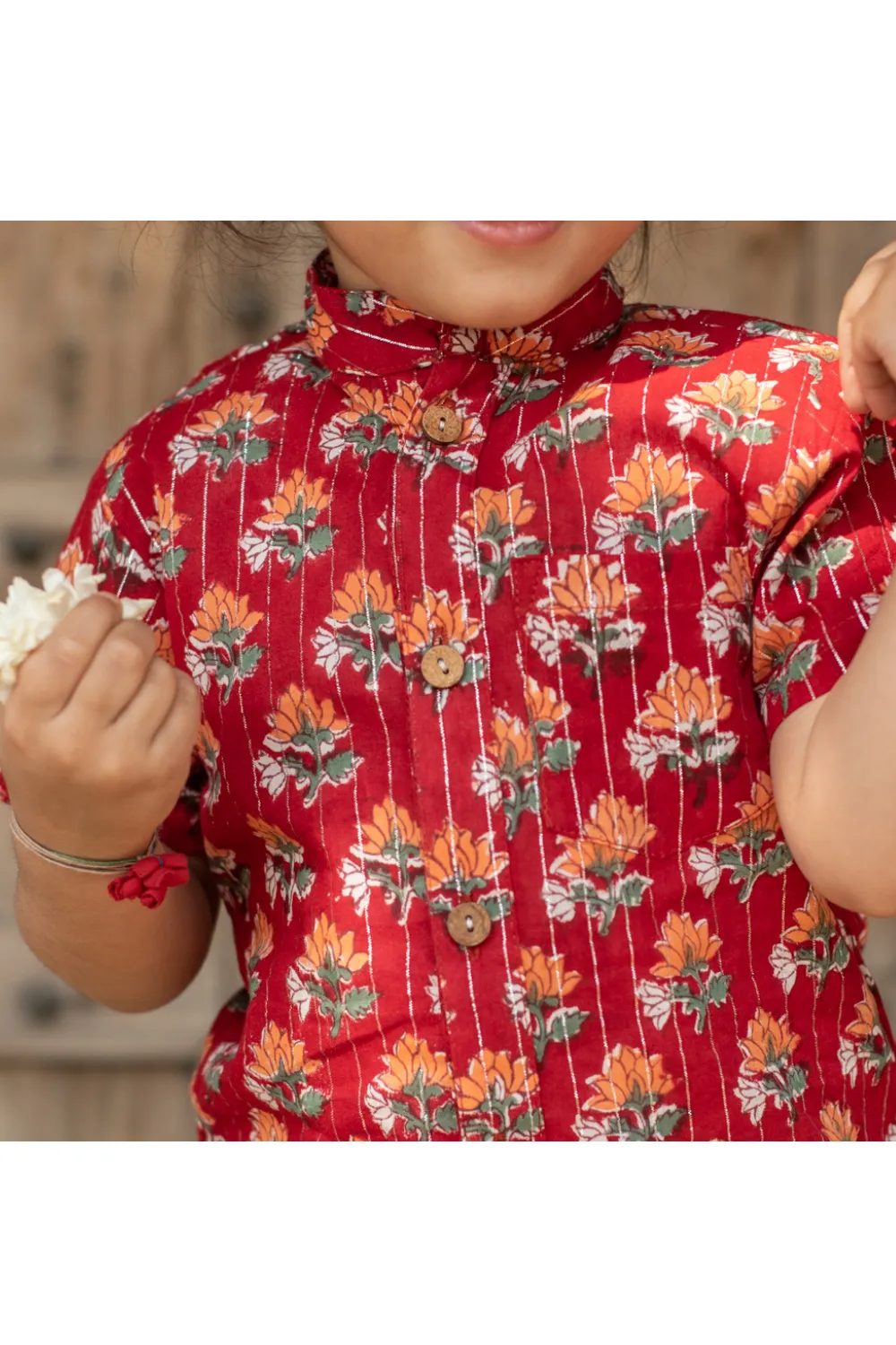 Red Buti Printed Cotton Shirt With Mandarin Collar