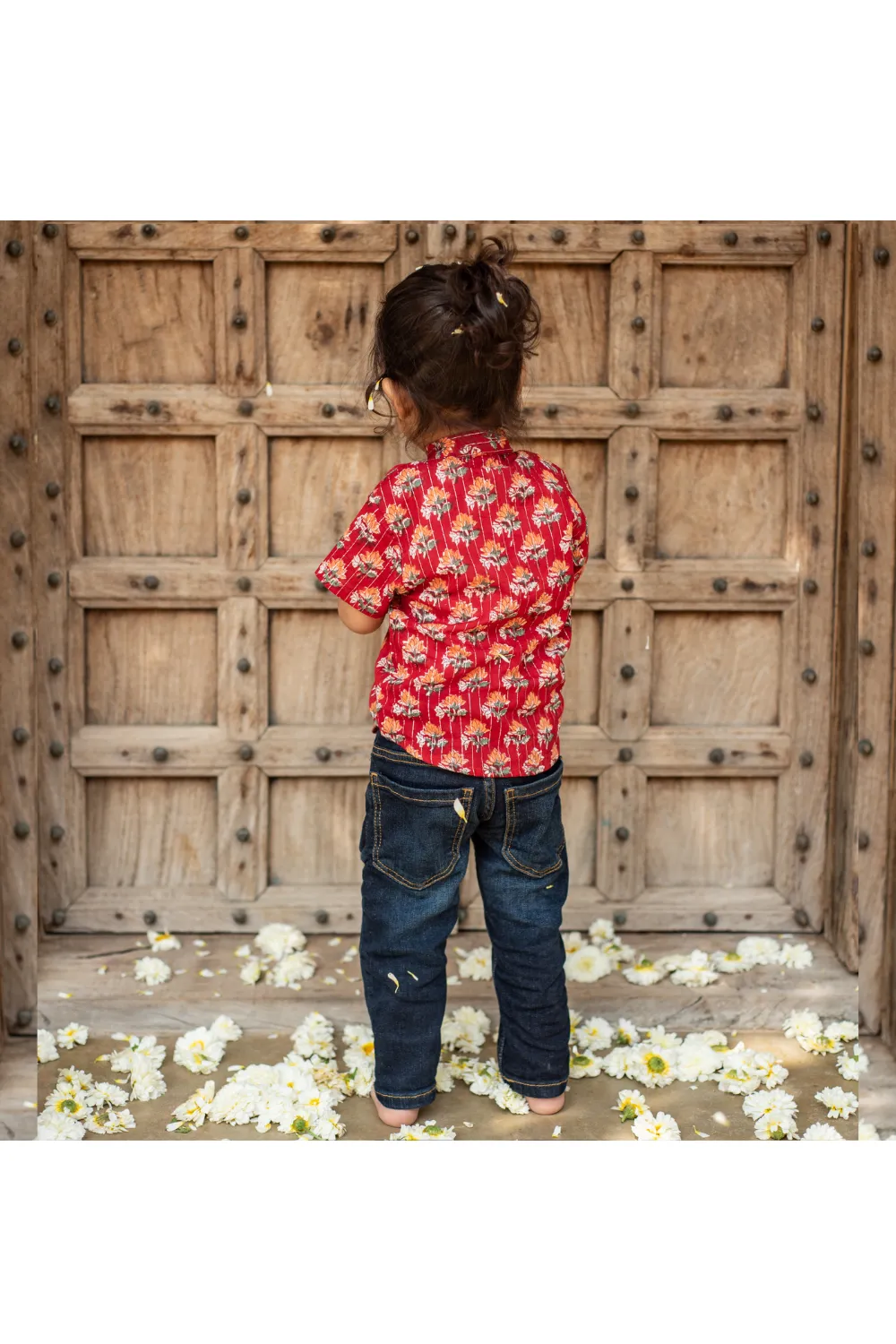 Red Buti Printed Cotton Shirt With Mandarin Collar