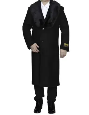 Removable Fur Collar Ankle length Black Full Length Wool Dress Top Coat/Overcoat