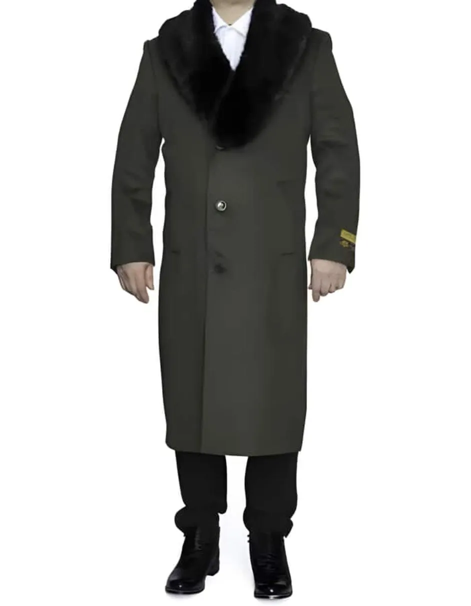 Removable Fur Collar Ankle length Wool Dark Olive Green Top Coat/Overcoat | Winter men's Topcoat Sale