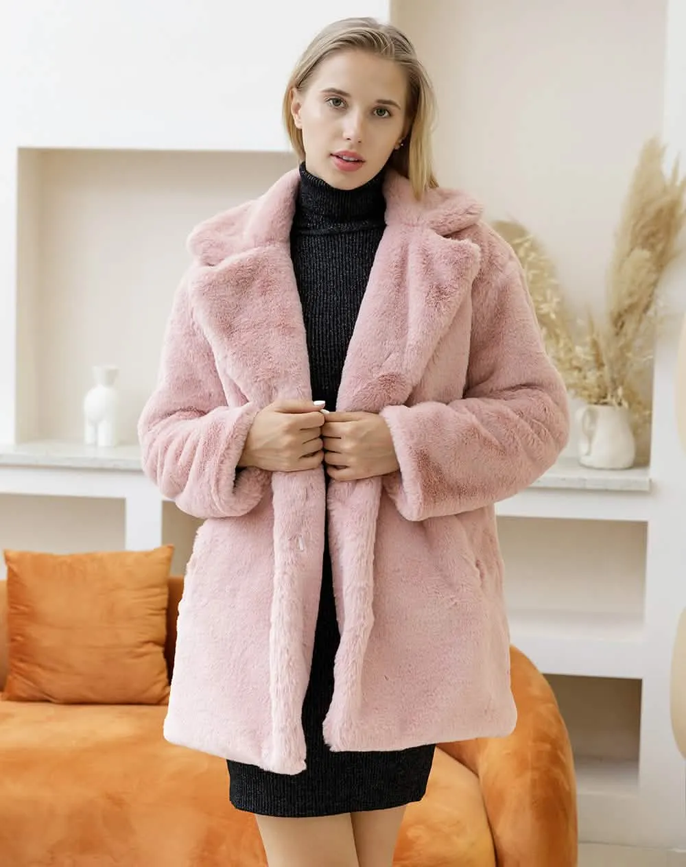 Stylish Women's Plush Faux Fur Overcoat for Cold Weather - Cozy, Chic, and Sophisticated