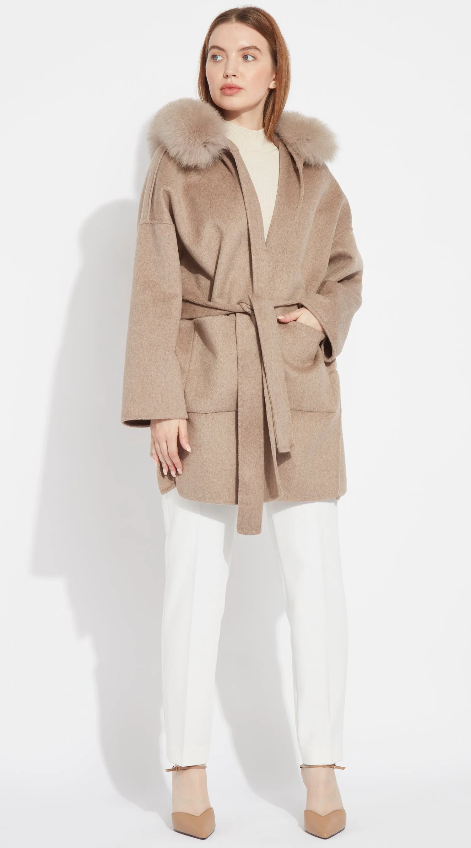 The London Cashmere & Fox Fur Belted Coat - Taupe